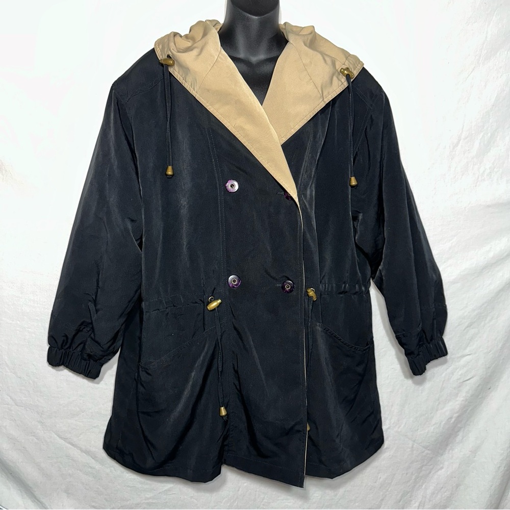Vintage Fitz-Wright Hooded Windbreaker Jacket Women’s Medium Black Tan Two-Tone